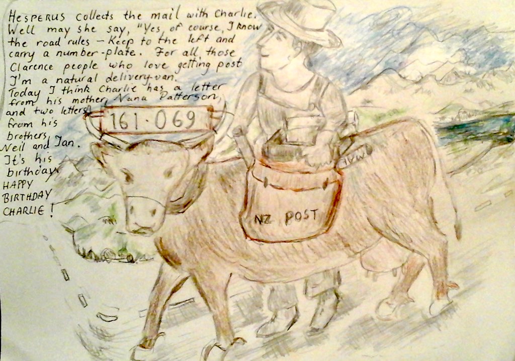 Charlie collecting mail - drawing by Diane